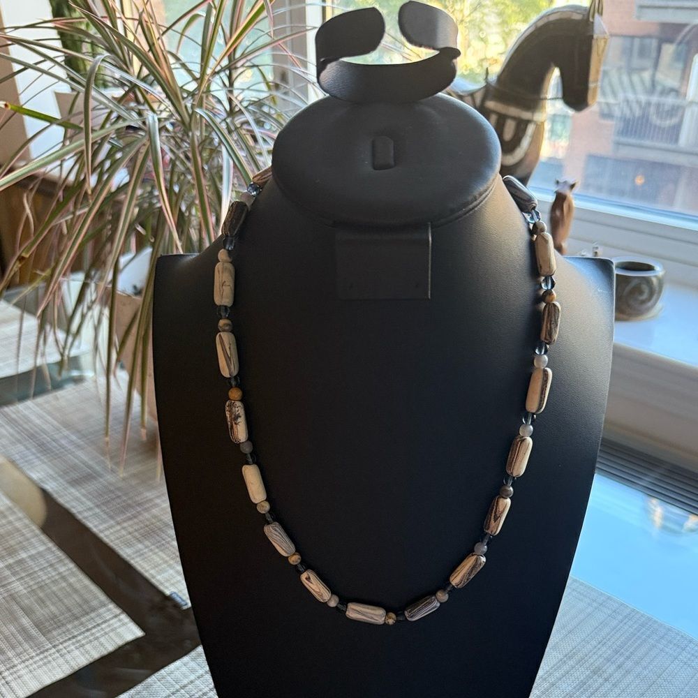 Swirled Ceramic & Beaded Necklace with Barrel Clasp. Neutral colors.